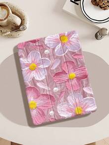 Funda para iPad (A16) compatible con iPad de 11.ª generación de 11 pulgadas de 2025, para funda de iPad de 10.ª generación de 10.9 pulgadas de 2022 con soporte para lápiz, cubierta protectora plegable de tres paneles, activación/desactivación automática, regalo lindo para vuelta al colegio, San Valentín, días festivos, con base de gasa y estampado de flores de aceite