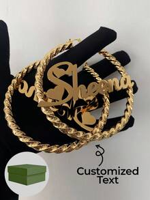 1 Pair Of 7cm Large Hoop Earrings, Customized Name, Text, Personalized Earrings, 18k Gold Fashion Jewelry Stainless Steel, Nameplate Bamboo Earrings - Gold Name Circle - Large Circle Earrings Thanksgiving Christmas - Silver - View 1