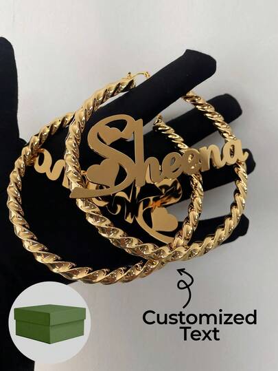 1 Pair 7cm Large Personalized Earrings, Customizable Name/Text, 18K Gold Stainless Steel Fashion Jewelry, Bamboo Nameplate Earrings - Gold Round Name Earrings - Large Round Earrings, Suitable For Thanksgiving And Christmas Wear