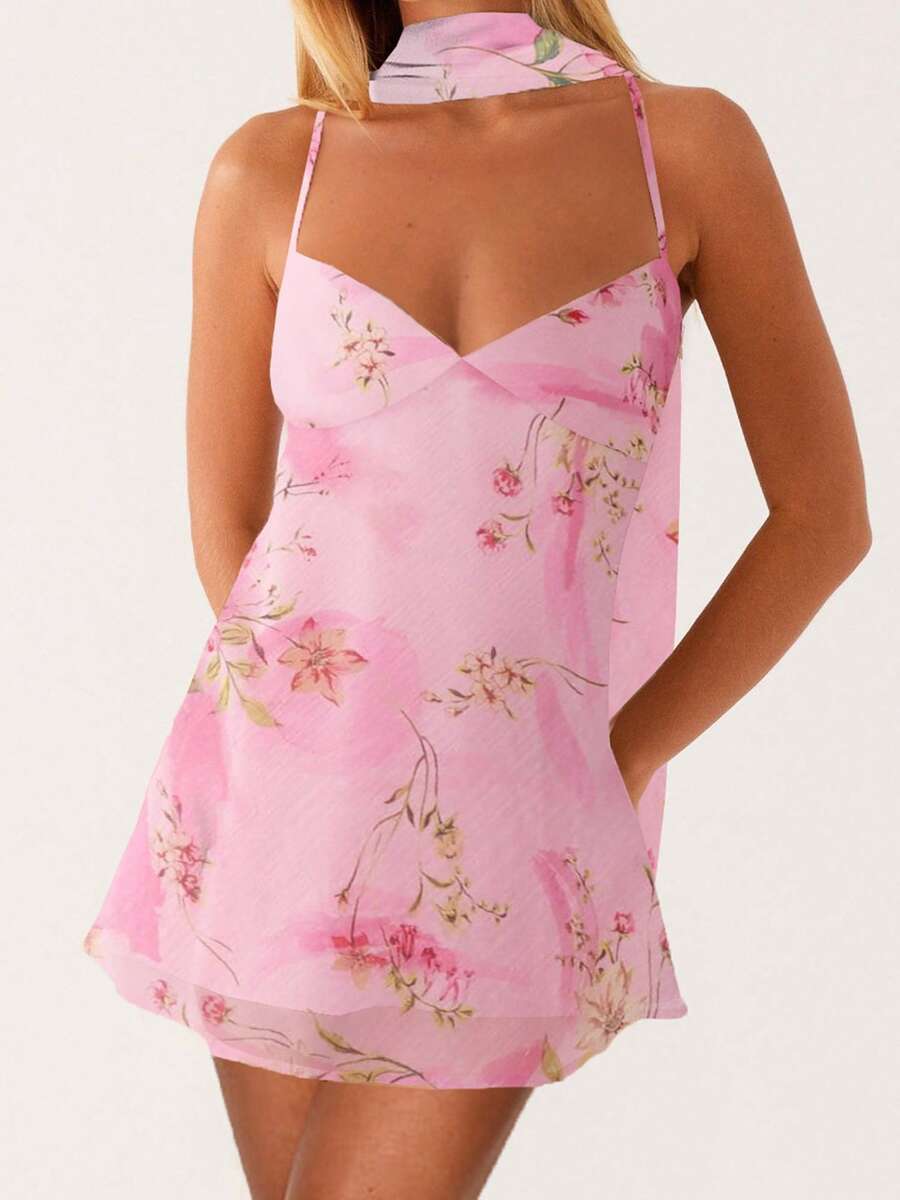Women Mini Dress Floral Print/Solid Color Sleeveless Cami Dress Summer Backless Dress With Choker Scarf - 粉色 - 查看 1