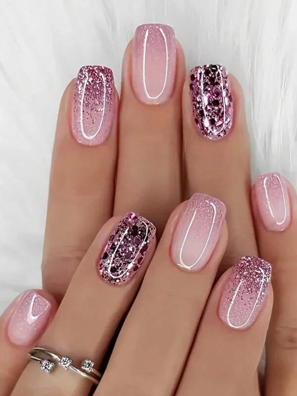 Beauty Sticker 16 pièces de bandes d'ongles en gel semi-durcies roses, bandes gel adhésives à paillettes pour le printemps/l'été, tiennent jusqu'à 14 jours, nécessitent une lampe UV, autocollants de nail art rapide pour les festivals de musique des femmes, DIY