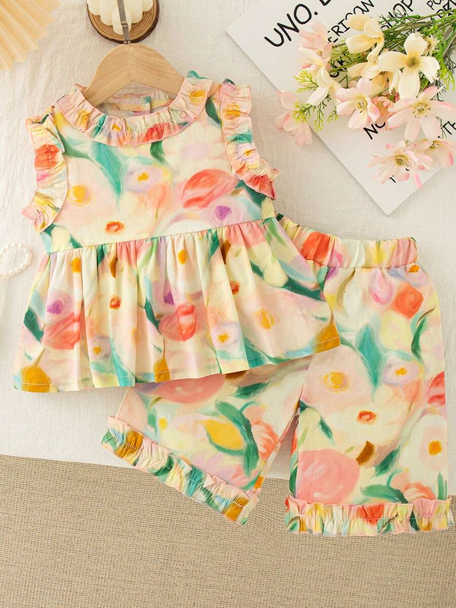 Set de 2 piezas de ropa de verano para niña bebé con top sin mangas y pantalones con estampado de flores en estilo de pintura al óleo, conjunto casual y dulce para vacaciones - Amarillo - Ver 1