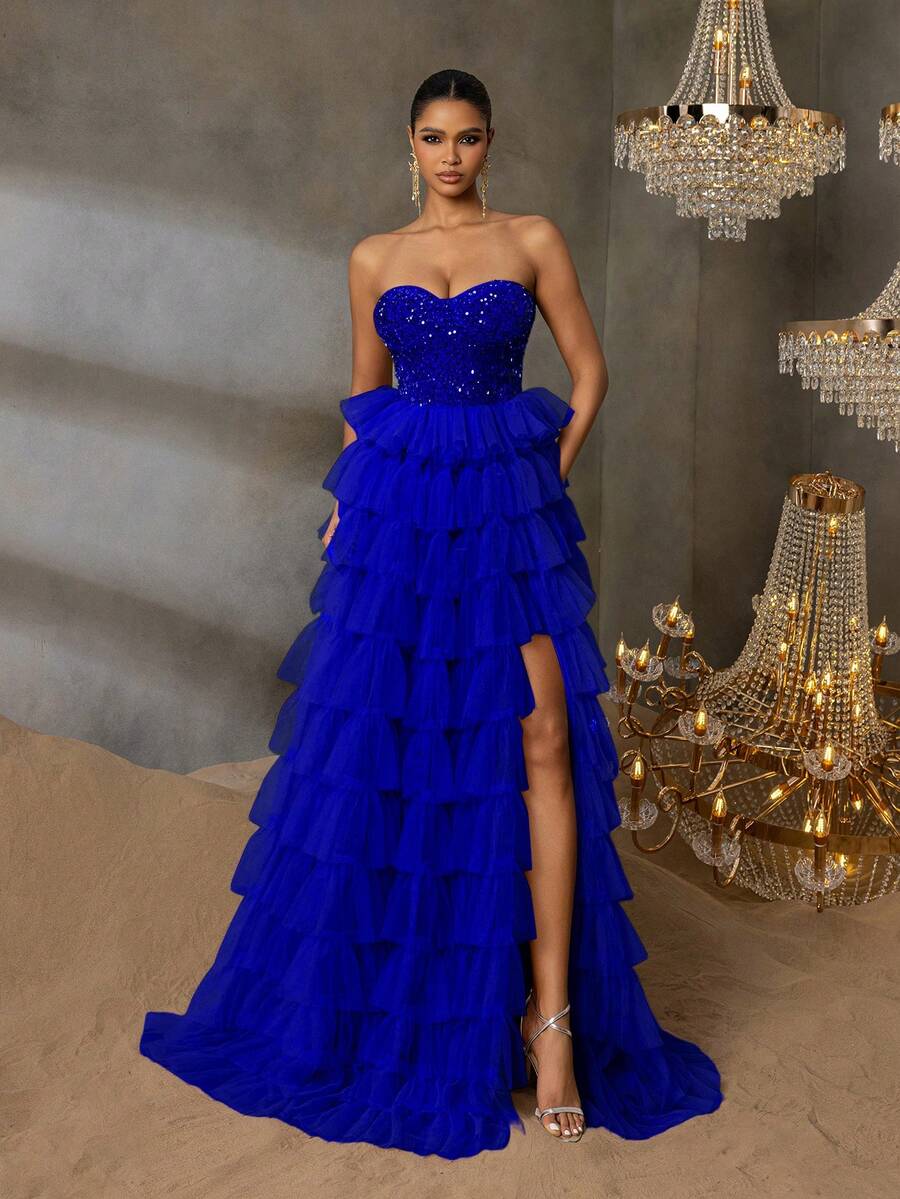 华丽亮片连衣裙，层叠雪纺裙摆，高开衩设计 | 适合正式晚宴、婚礼和戛纳派对的奢华晚礼服