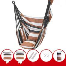 1pc Deluxe Striped Canvas Hammock Chair With Pocket & Head Pillow - Foldable Durable Knitted Sling Swing For Indoor/Outdoor Use Soft Brushed Fabric Solid Back Support Includes Side Pocket - Hand Wash/Dry Clean Perfect For Patio Bedroom Living Room Hammock Swing Chair Patio Relaxation Vibrant Outdoor Decor Cozy Relaxation Gear Summer Outdoor Lounge Chair