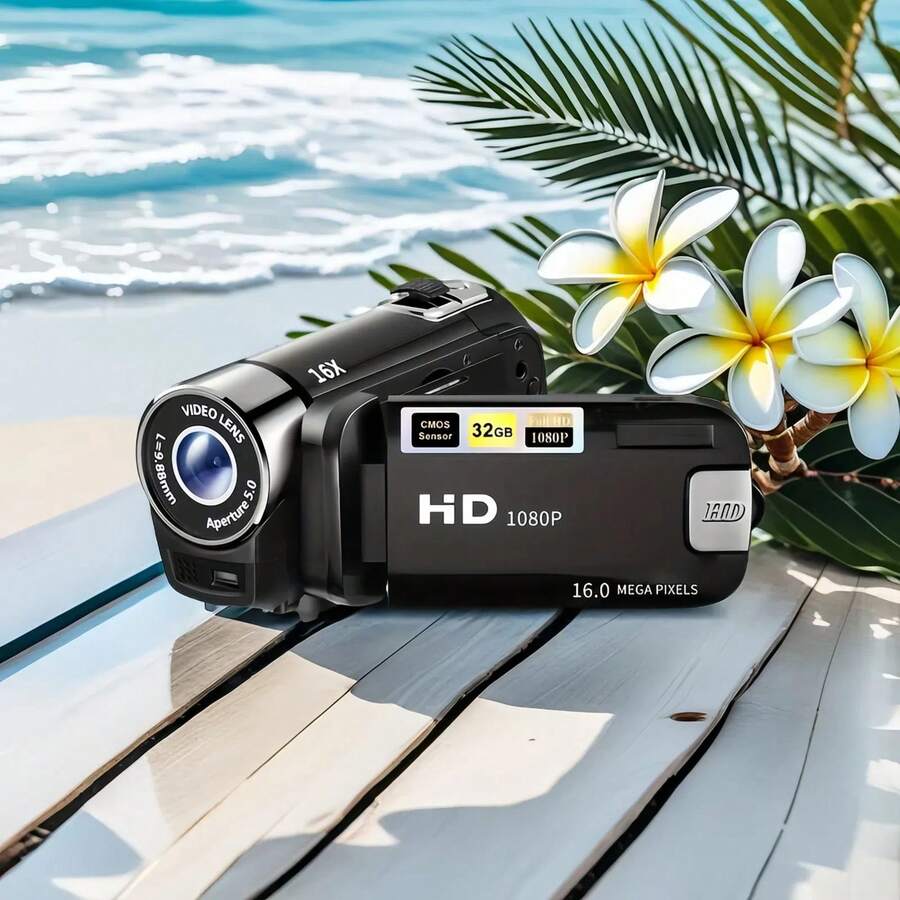 SEREE HD Wide Angle Camcorder With 270° Rotating Flip Screen, 16x Digital Zoom, 1080P Video, 2.4-Inch Display, 32GB Memory Card, Built-In Battery/USB Charging For Home Travel Concert (Portable Black/Red/White) - Black - View 1