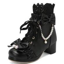 Women Cute Lolita Boots Chunky Mid Heel Ankle Boots With Bow Platform Lace Up Booties With Pearl - 黑色 - 查看 8