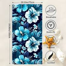 1pc Oversized Bohemian Floral Beach Towel - Quick Dry, Lightweight Polyester Blend, Vibrant Blue Flowers & Green Leaves Design, Ideal For Pool, Bathroom, Travel & Camping, Pool Accessory | Vivid Beach Towel | Lightweight Towel, Beach Towel Beach Essentials