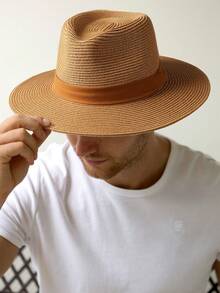 1pc Men's Ribbon Decoration Jazz Hat - Khaki + Brown Ribbon - View 4