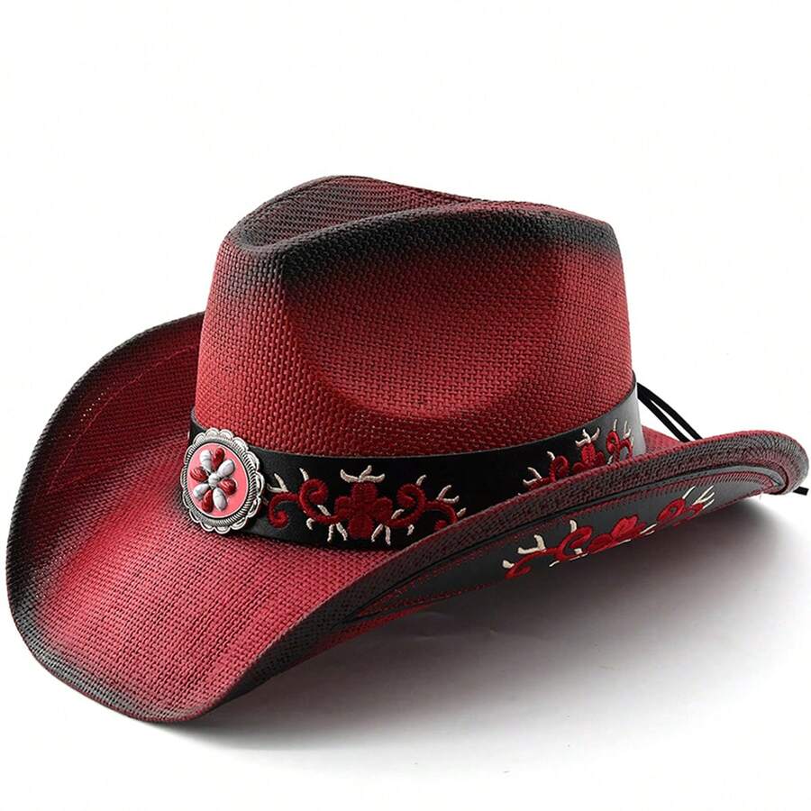 Women Men Cowgirl Hat Western Belted Sun Holiday Beach Straw Hiking Cap - Đỏ - Xem 1