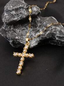 1pc 18K Gold Plated Cubic Zirconia Cross Pendant Adjustable Classic Necklace, Luxury Fashion Versatile Collar Necklace For Women, Suitable For Daily Wear, Commute, And Party