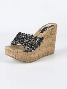 女士时尚厚底坡跟水钻拖鞋凉鞋 - 黑色 - 查看 3