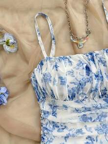 Vestido halter con estampado floral para mujer, elegante y a la moda, con tirantes delgados, adecuado para primavera, verano, otoño e invierno - Azul - Ver 3