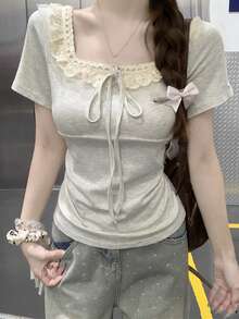 Summer Korean Style Pure Ruffled Collar Splice Tie Short Sleeve Cropped T-Shirt For Women Casual - Gray - View 4