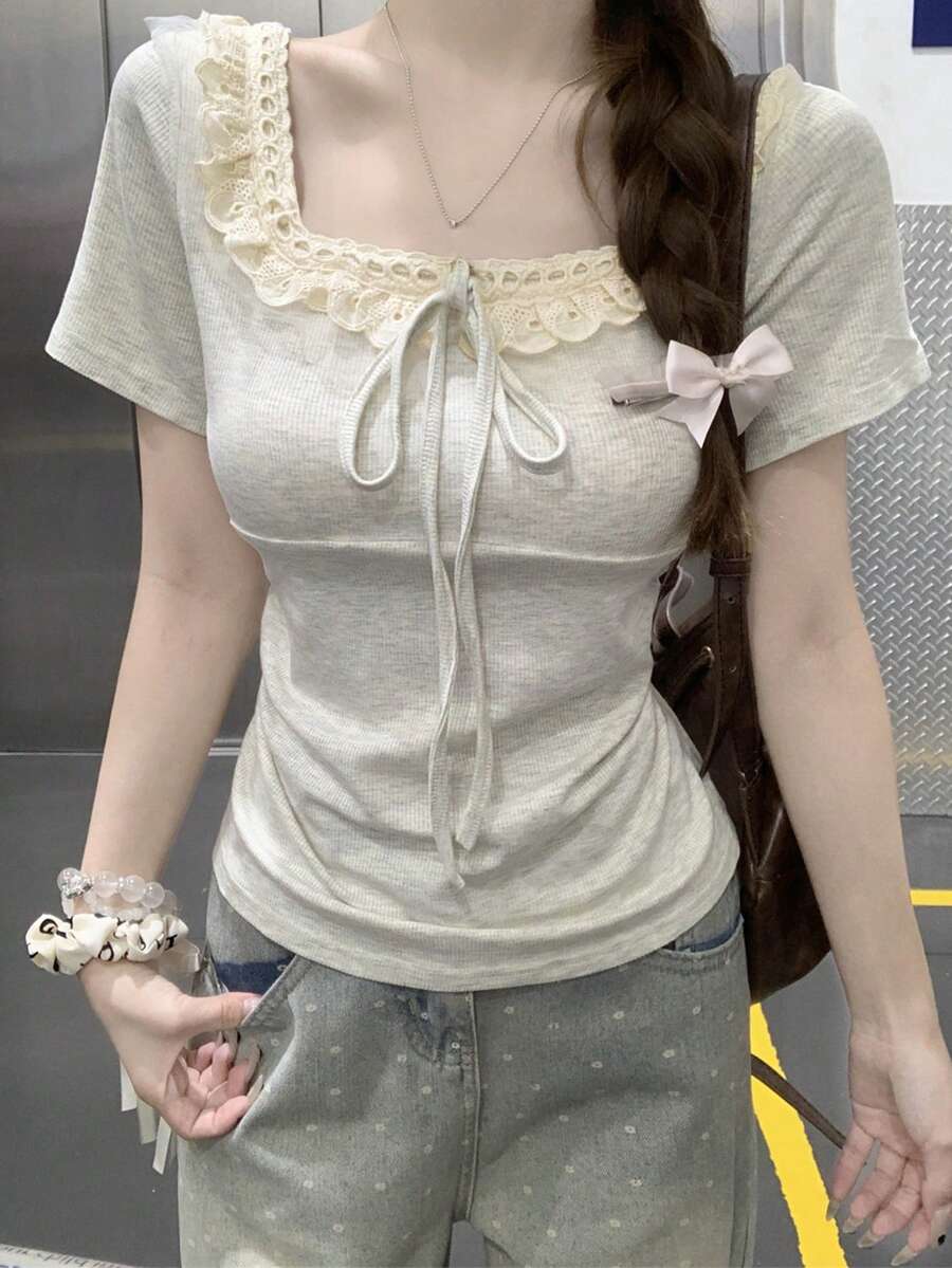 夏季韩版纯色荷叶边领拼接系带短袖露脐T恤 女款休闲 - 花灰色 - 查看 1