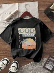 1pc Coconut Tree & Sunset Graphic Tween Girls Short Sleeve Pullover T-Shirt, Suitable For Young Teenage Girls, Youth Casual Clothing - Black - View 4