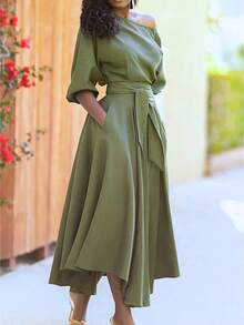 Oversized Flared Long Dress In Plain Colour With Belt For Women, Elegant Dress With Pockets, Bare Shoulders, Lrregular Hem, Fashion Vacation Dresses Summer - Army Green - View 2