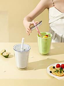 Customized Double Layer Plastic Cup, Large Capacity Water Cup, Cracked Ice Cup With Straw, Portable - Multicolor - View 3