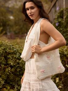 Tropiscape Y2k Bag Baby Pink Bows Pattern Knitted Handbag Foldable Hollow Out Design Crochet Bag Medium Vacation Beige Beach Travel Bag Large Capacity Knitted Hobo Handbag Winter Gifts - Beige - View 2