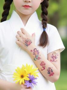 Set de 6 tatuajes temporales brillantes de sirena, tatuajes de dibujos animados a prueba de agua y sudor, desechables para niños en cara, brazo, cintura, pecho, pierna, abdomen, cuello, mano, dedo, espalda para fiestas, actuaciones, Día del Niño, arte corporal moderno. - Multicolor - Ver 3