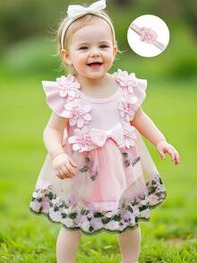 Baby Girl Romper Dress Set - Round Neck Floral Embroidery Mesh Skirt Hem Bodysuit with Headband Baby Girl Romper Dress Set - Round Neck Floral Embroidery Mesh Skirt Hem Bodysuit with Headband Baby Girl Headband Romper Dress - Round Neck Floral Embroidery Mesh Skirt Infant Bodysuit Set - Rosa - Ver 9