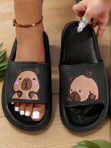 [New DIY Capybara Water Rat] Summer New Bestselling Fashion Versatile Solid Color Vertical Stripe Single Hole Thick Soft Comfortable EVA Non-Slip Deodorizing Anti-Bacterial Men Casual Slippers For Home, Bathroom, Outdoor - Black - View 5