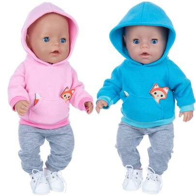 16-18 Inch Cross-Border American Doll Universal Casual Suit, Blue & Pink Fox Print Outfit, 43cm Reborn Doll Clothes 2 Pieces Set (Doll Not Included), Suitable For Spring & Autumn