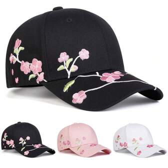 1pc Women's Cherry Blossom Embroidery Baseball Cap, Fashionable Adjustable Sun Protection Casual Hat For Spring, Autumn Outdoor Travel, Beach, Party