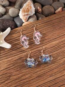 1 Pair Of Luminous Earrings With Ocean Creatures Design - Sea Horse, Crab, Turtle, Starfish For Beach Party & Music Festival
