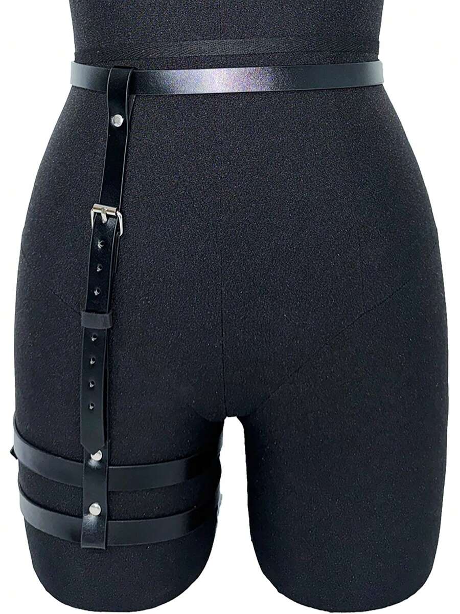 1 件女士黑色 PU 皮革腰带大腿吊袜带哥特蒸汽朋克腿部配饰适合日常使用情人节