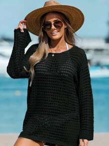 Copri-costume intero da donna con maniche lunghe e scollo rotondo, lavorato a maglia con dettagli traforati, adatto per primavera ed estate, taglie over