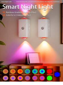 1 件 1 包/2 包可调节 LED 磁性夜灯，RGB 渐变红外传感器，可充电室内智能灯可调色温，壁挂式和桌面式安装，按钮控制，便携且可拆卸，适用于衣柜、玄关、走廊、阳台、书房 - 有线