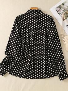 Women's Contrast Polka Dot Button-Front Shirt - Collared Long Sleeve Blouse With Tie Detail For Date Nights/Travel Essentials, All-Season Versatile Wardrobe Must-Have - Black - View 2
