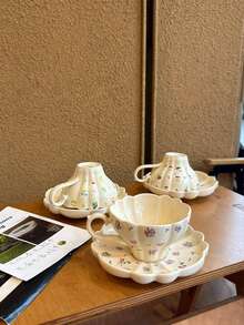 1 bộ tách cà phê và đĩa lót họa tiết hoa nhỏ kiểu Pháp, cốc nghệ thuật Latte, cốc cà phê bằng gốm, quà tặng cho bạn gái - Nhiều màu - Xem 8