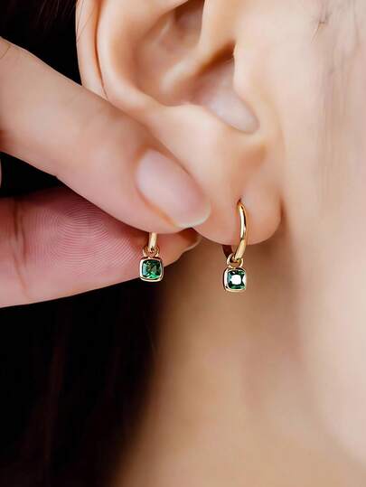 BALMORA 一对925纯银复古优雅几何方形绿色吊坠耳环，适合女性日常佩戴，也可作为友谊派对配饰或礼物。