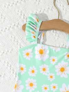 1pc Green Daisy Pattern Young Girl One-Piece Swimsuit, Fashionable For Summer - Multicolor - View 4