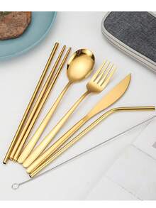 Bộ dao nĩa bằng thép không gỉ, bộ dụng cụ ăn bít tết kiểu Hàn Quốc bao gồm đũa và ống hút, tiện lợi mang theo khi đi du lịch ngoài trời và dành cho học sinh. - Nhiều màu - Xem 3