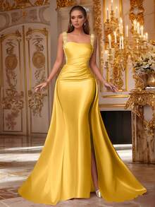 VIPGIRL 香槟粉色无袖垂褶缎面礼服，配亮片肩带和长拖尾，优雅美人鱼款女士正式礼服，舞会礼服，晚礼服，婚礼宾客礼服，奢华迷人的正式礼服 - 黃色 - 查看 3