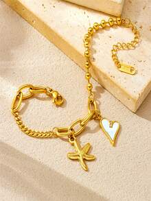 1 简约百搭不对称不锈钢链式手链，多种拼接方式，镀金海星白贝壳心形吊坠，女士珠宝