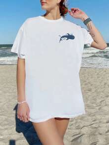 Women Oversized Whale, Beach, Shark, Jesus, Coconut Girl Graphic & Letter Print Round Neck Short Sleeve T-Shirt, Fashionable & Versatile, Suitable For Spring/Summer