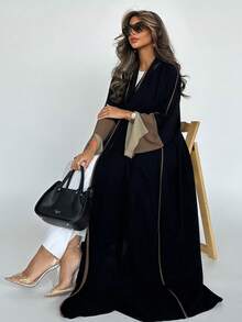 1 件时尚简约撞色拼接袖女式纯色中东服装长裙，优雅开衫长袍 Abaya 适合日常、节日穿着 - 卡其色 - 查看 2