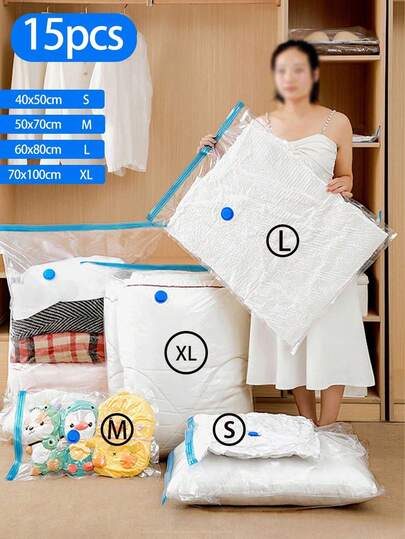 15/10/5/1pcs Reusable Vacuum Storage Bags, Travel Organizer Bags, Clothes Space Saver Bags For Coats, Shirts, Blankets, Pants, Home, Dorm, Closet, Bedroom, Bathroom, Travel Accessories, Back To School, Thick With Double Zipper Seal And Built-In Hand Pump Design, No Extra Tool Needed, Highly Airtight And Reusable, Save Up To 85% Storage Space For Efficient Space Utilization
