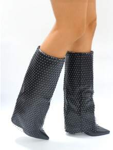 Fashion Rhinestone Detail Women's Boots For Daily Wear - Black - View 2