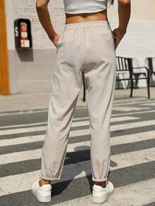 Lanwont Women's Linen Trousers Summer Casual High Waist Drawstring White Beach Pants - LightKhaki - View 3