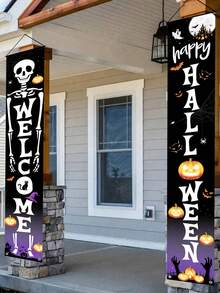2pcs/Set Halloween Decorations Door Banners, Happy Halloween Hanging Flags, Trick Or Treat Decoration For Halloween, Halloween Pumpkin Skull Design Door Curtain Couplet, Halloween Party Front Door Hanging Banner Cloth, Halloween Porch Sign, Halloween Supplies, Halloween Decor, Halloween Door Decor, Wall Decor, Indoor Outdoor Decor, Halloween Home Decor, Room Decor, Halloween Backdrop Supplies, Halloween Party Gifts, Party Favors Fall Decor Autumn Decor