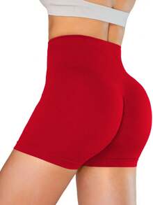 High Waist Seamless Knitted Peach Hip Tights, Slim Fit Workout Running Shorts, Tummy Control Sports Yoga Pants - Red - View 5