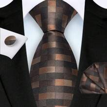 3-Piece Set: 8cm Necktie, Pocket Square & Cufflinks, Plaid Striped Geometric Pattern, High-Quality Classic & Fashion Business/Casual Necktie Set, Men's Wedding/Holiday/Party Gift