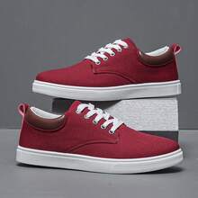 男士休闲简约运动滑板鞋，低帮帆布运动鞋，透气 - 酒紅色 - 查看 2