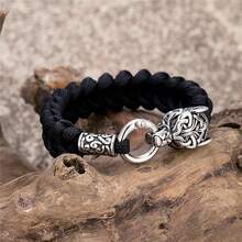 Pulsera vikinga de lobos de la mitología nórdica de Odín para hombres, de acero inoxidable trenzado con cuerda de paracaídas, runas vikingas y nudos celtas para joyas de exterior - Dorado - Ver 6