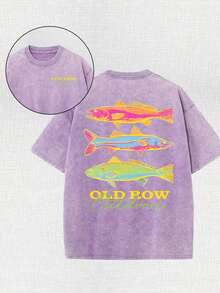 Men's Casual Summer Washed Cotton T-Shirt [Old Row Outdoor] Fish Print, Round Neck, Short Sleeves, Lightweight Cotton Knitted Fabric, Casual Summer Round Neck Shirt | Rib Details. - 紫色 - 查看 1