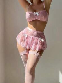 5pcs/Set Women Sexy Romantic Lace Mini Skirt With Stocking Lingerie Set, For Christmas - Hồng - Xem 2